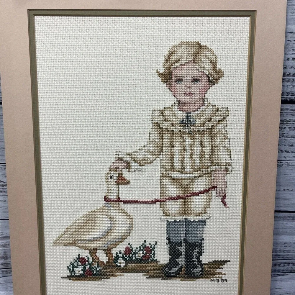 Vintage Finished Cross Stitch English Victorian Boy w/ Duck 1989 16x12